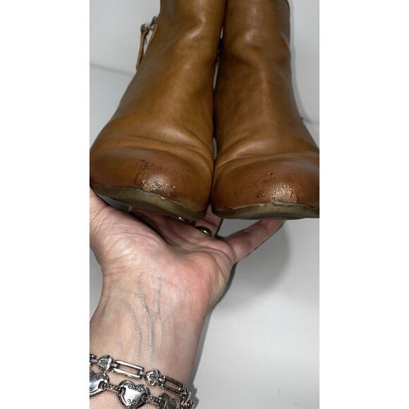 FRYE Judith Cognac Leather Zip Block Heels Ankle Booties - Picture 16 of 16